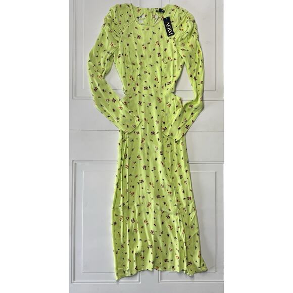 NWT AFRM Lime Neon Green Floral Long Sleeve Side Cutout Strappy Back Dress XS - Picture 1 of 7